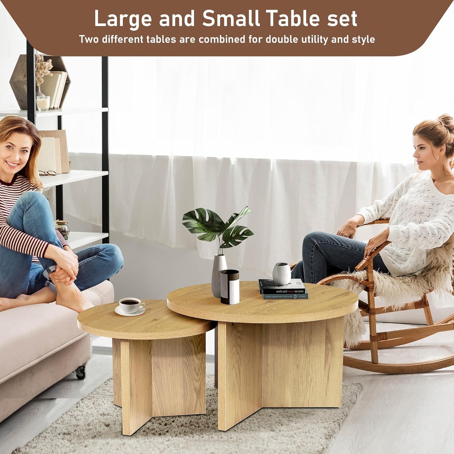 Round Nesting Coffee Tables Set of 2, Modern Stacking Table with Wood Grain Finish, End Table Side Tables for Living Room (Natural Oak)