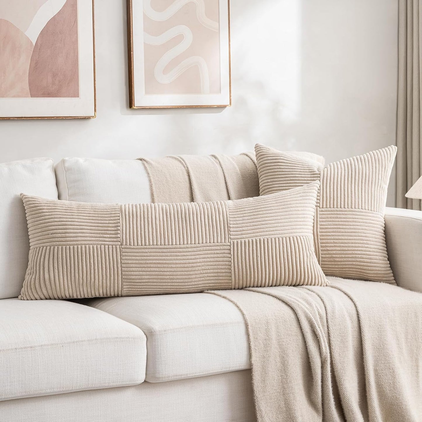 Fancy Homi Set of 2 Tan Boho Long Lumbar Body Decorative Throw Pillow Cover 14x36 Inch for Bed Couch Bedroom Bench, Soft Patchwork Corduroy Textured Pillow Case, Rustic Farmhouse Room Décor