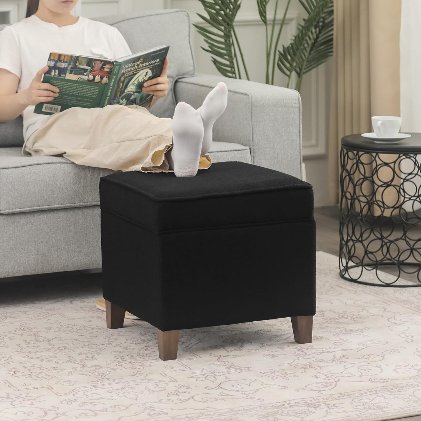 Adeco 17.5" Square Fabric Ottoman with Storage - Upholstered Cotton Linen Foot Rest - Flip Top Footstool with Sturdy Wood Legs, Small Cube Coffee Table Extra Seat for Living Room, Bedroom, Black