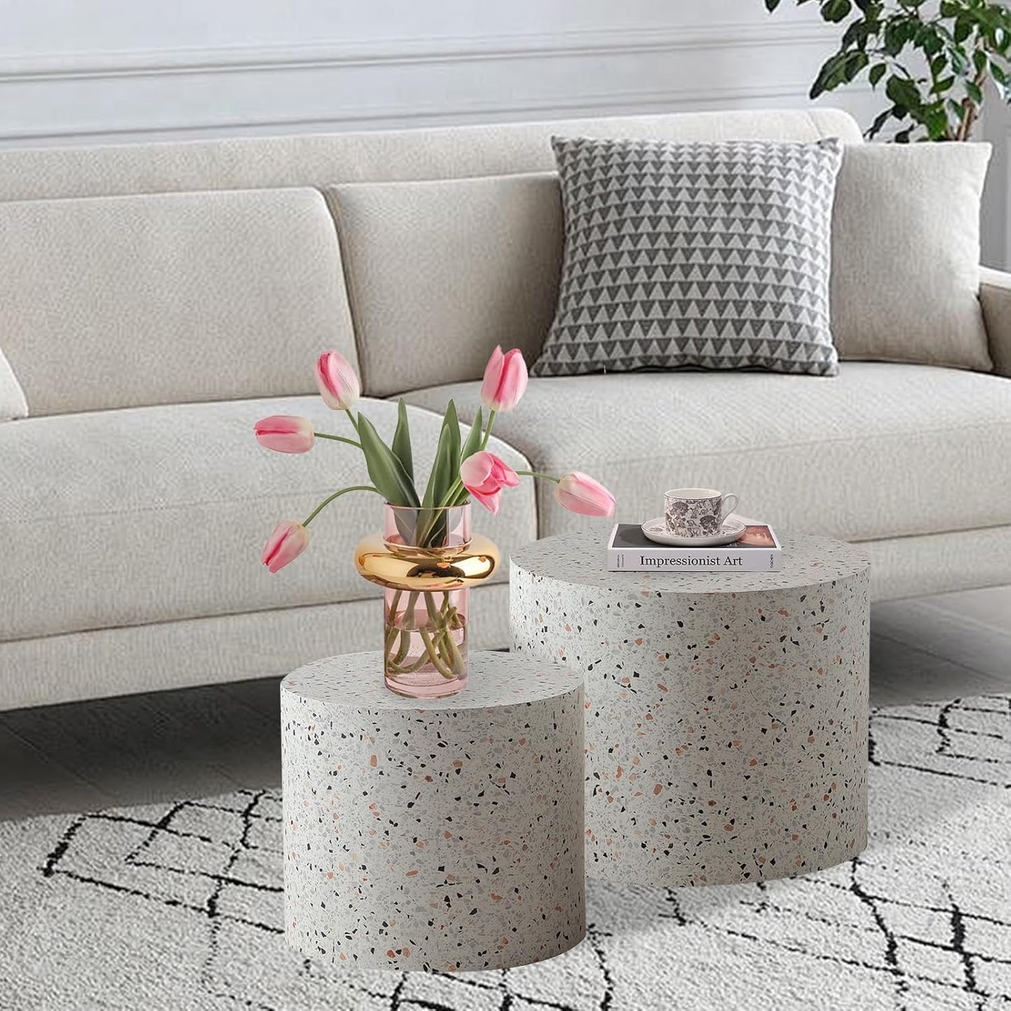 Round Nesting Coffee Table Set of 2 Modern Wooden Drum Coffee Table and End Table Sets Small Side Tables Circle Accent Center Tables for Living Room Apartment,No Assembly,Terrazzo