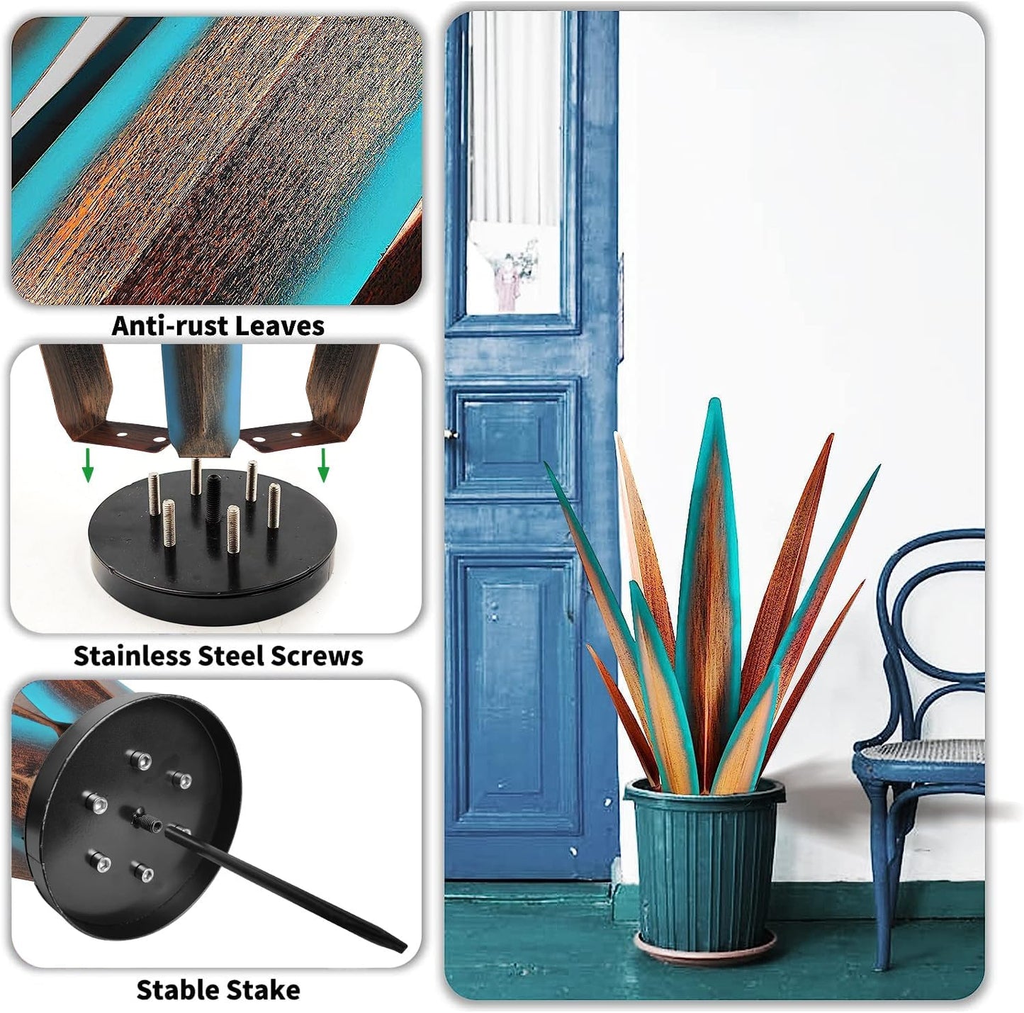 Large Tequila Rustic Sculpture, Agave Plants for Outdoor Patio, Home Decor Hand Painted Metal Garden Statue, Lawn Ornaments Yard Stakes (Blue - L)