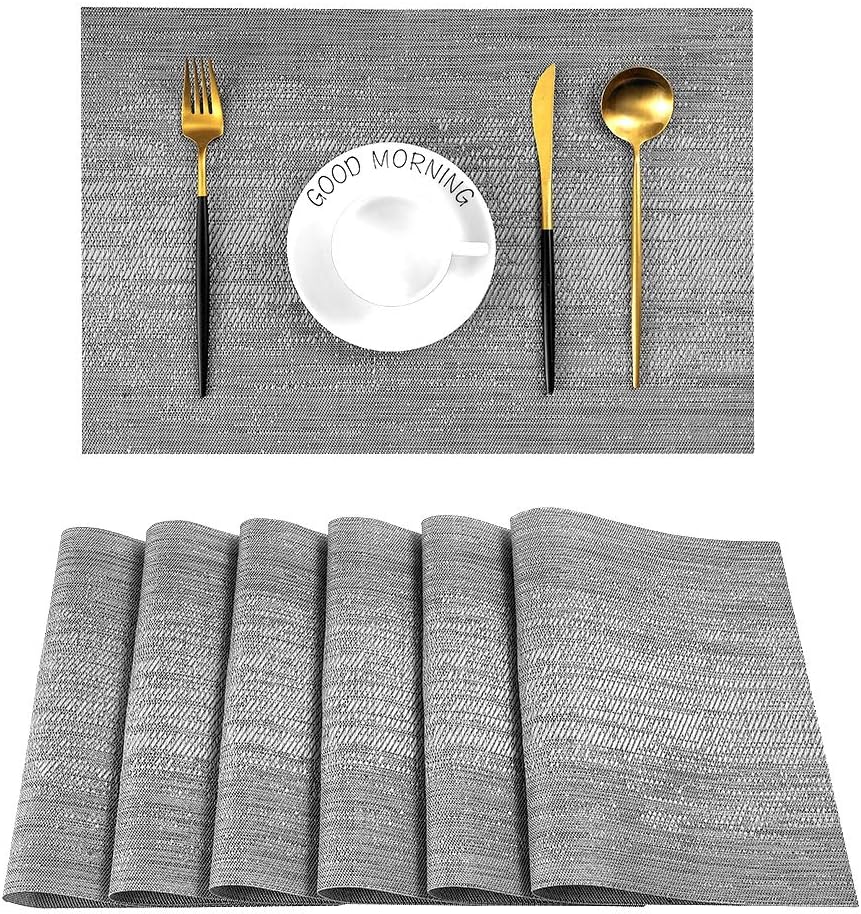 Leetaltree Grey Placemats, Heat Resistant Non-Slip Place mats for Dining Table, Washable Durable PVC Vinyl Woven Table Mats (Set of 6)