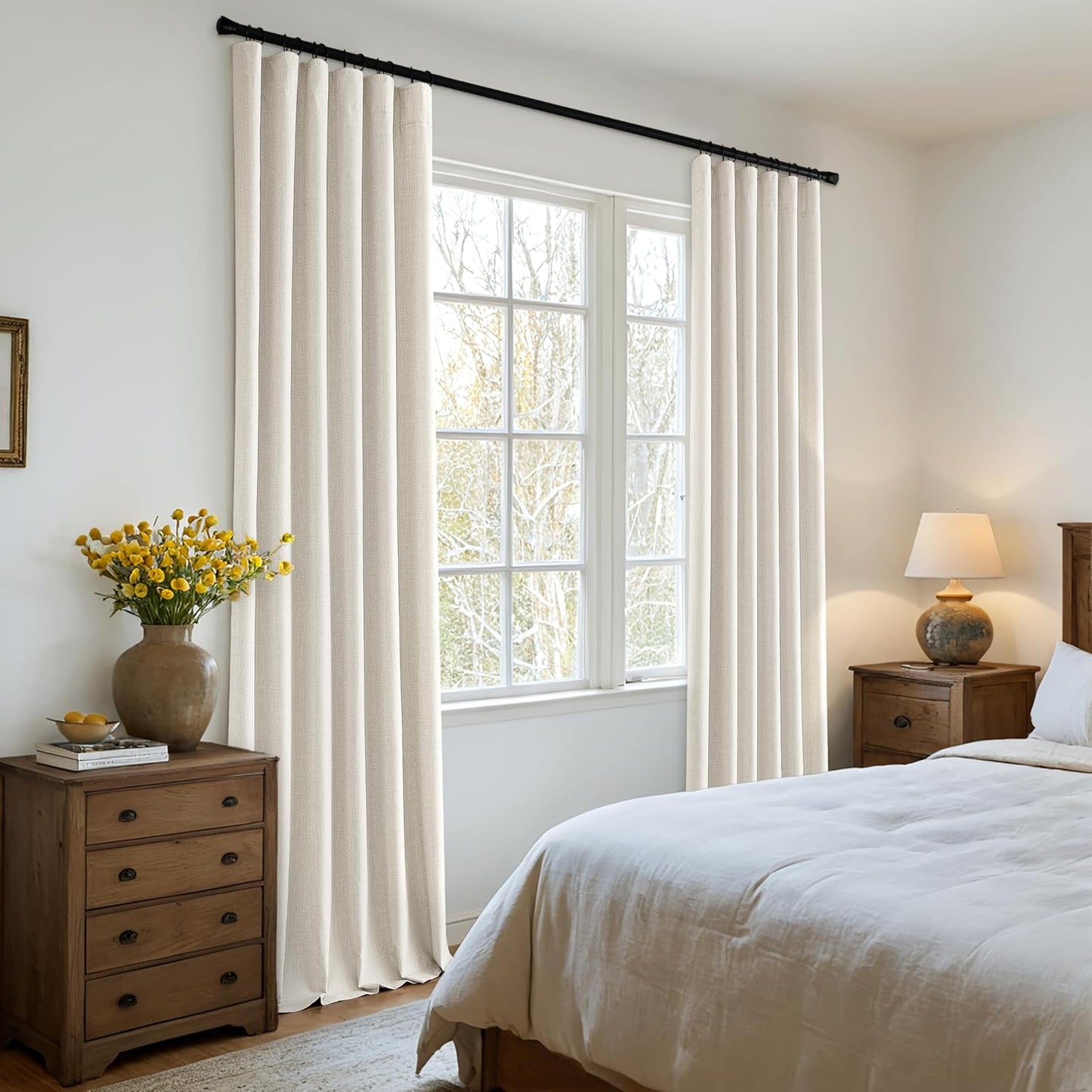 MIULEE 100% Blackout Curtains 105 Inch Long 2 Panels Set for Bedroom, Thick Luxury Faux Linen Black Out Curtain Room Darkening Back Tab Pleat Window Textured Drapes with Hooks for Living Room, Birch