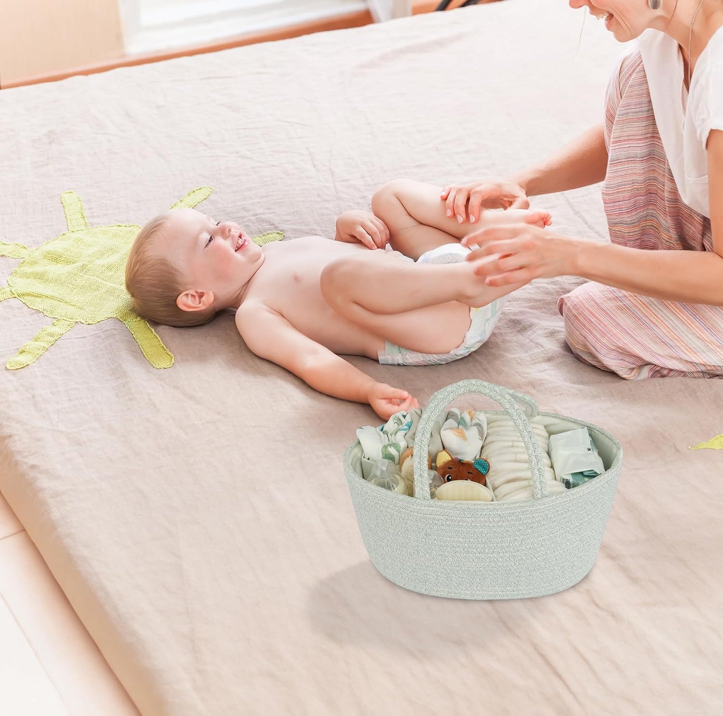 Diaper Caddy Organizer Cotton Rope Baby Basket Nursery Storage and Portable Tote Bag for Car Ideal Baby Shower Gifts and Registry Must-Have for Newborn Essentials Large light green