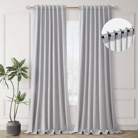 Grey Blackout Curtains Linen Room Darkening 96 Inch Long for Bedroom Living Room 2 Panels Set Back Tab 100% Black Out Curtains Light Gray Modern Linen Blended Thermal Insulated Drapes Heat Blocking