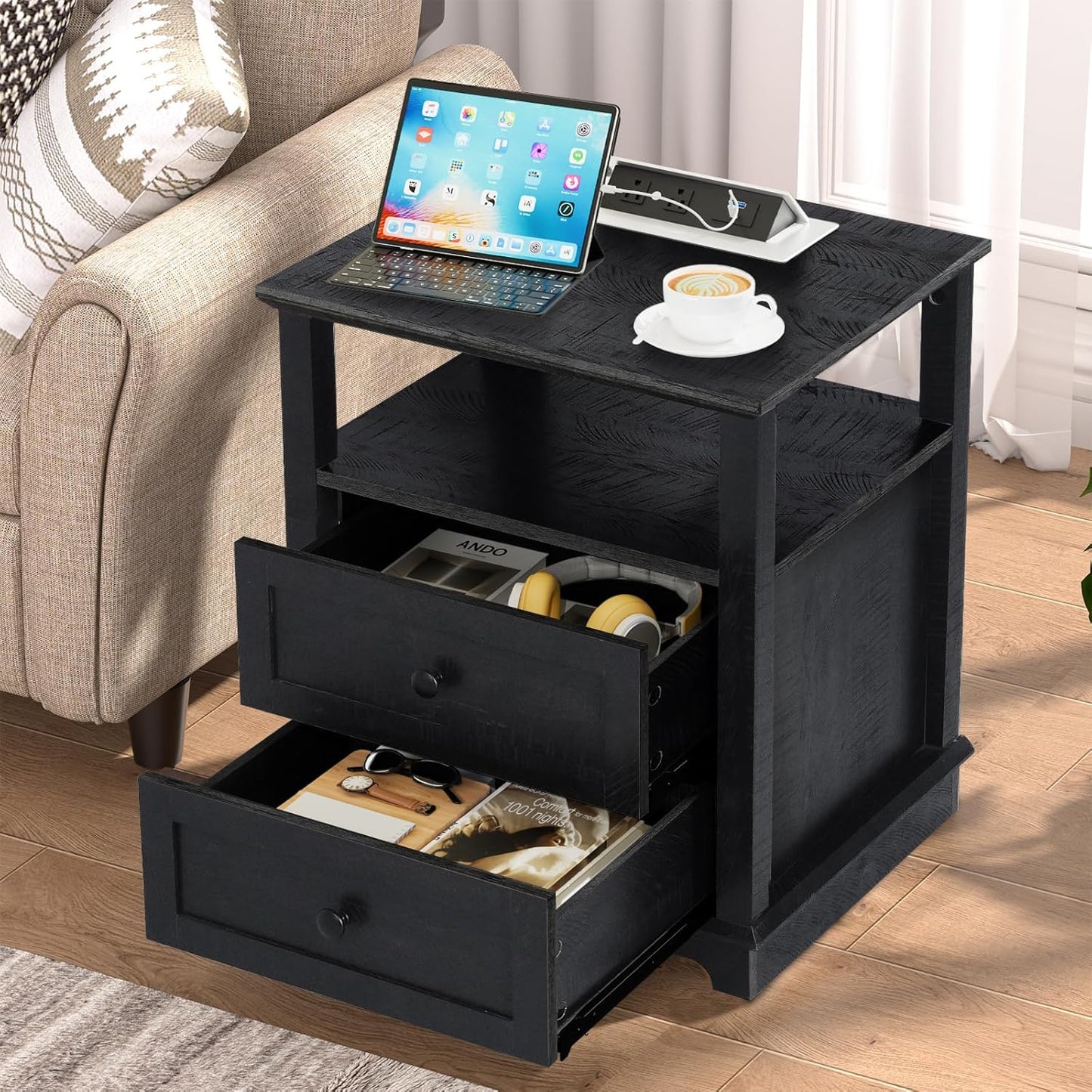 HIFYOBRO End Table with 2 Drawers and Charging Station, Type-C & USB Port & Power outlets, Wooden Storage Nightstand, Large Side Table with Storage for Living Room and Bedroom
