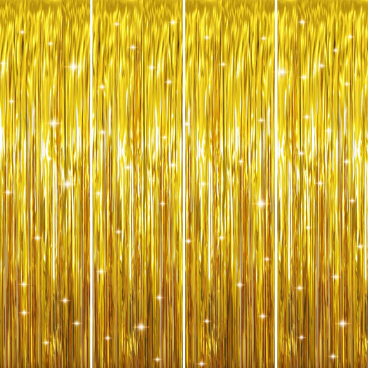GOER 3.2 ft x 9.8 ft Metallic Tinsel Foil Fringe Curtains Party Photo Backdrop Party Streamers for Birthday,Graduation,New Year Eve Decorations Wedding Decor (4 Packs,Gold)