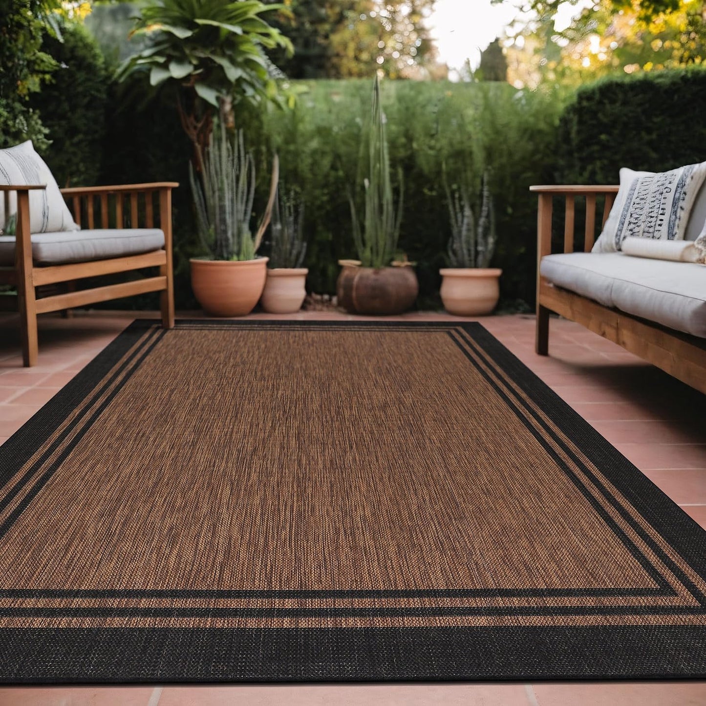 Bordered Outdoor Rug 6x9 Washable Outside Carpet for Indoor Patio Porch Waterproof Easy Cleaning Non Shedding Area Rugs Nut Brown 6 x 9