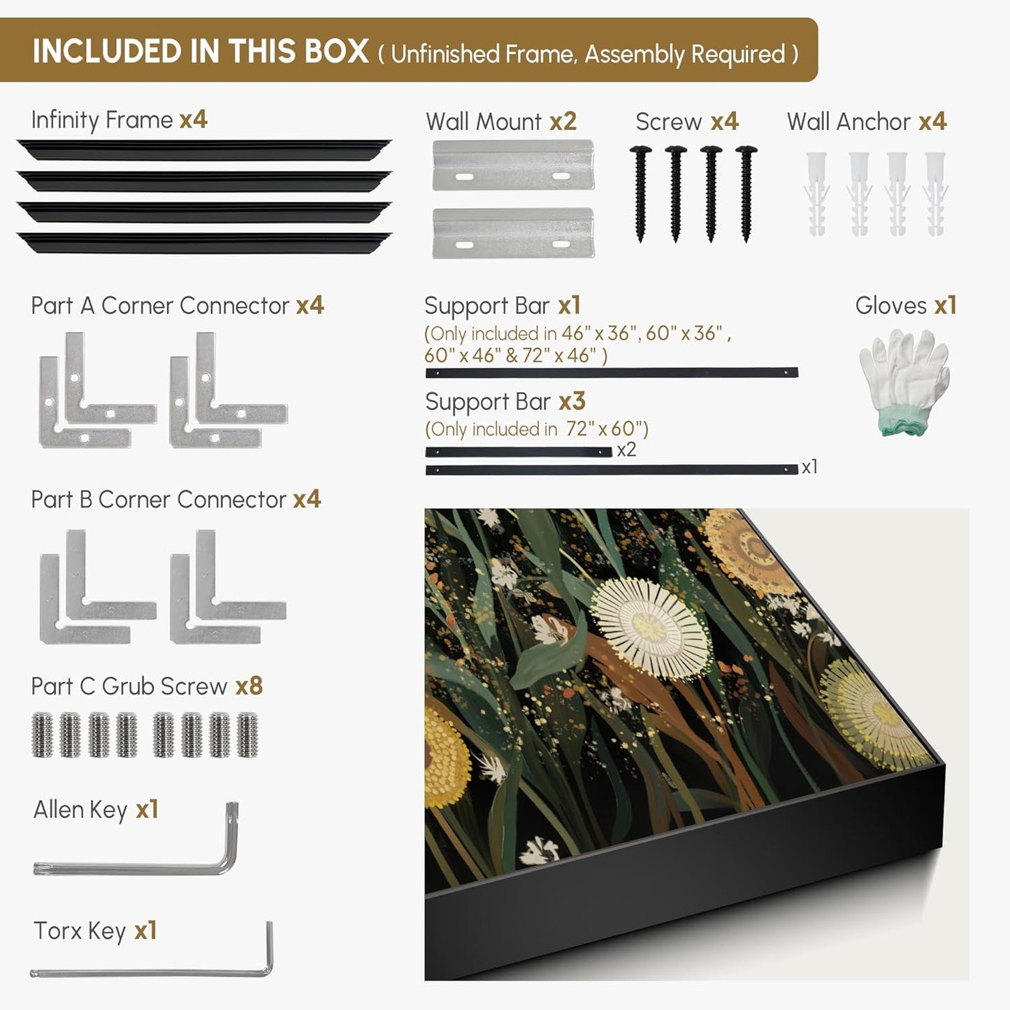 SIGNWIN 36"x46" Extra Large Framed Wall Art Whimsical Dandelion Field in Yellow and Green, Playful Botanical Print for Home Living Room Bedroom Decor (Frame Assembly Required)