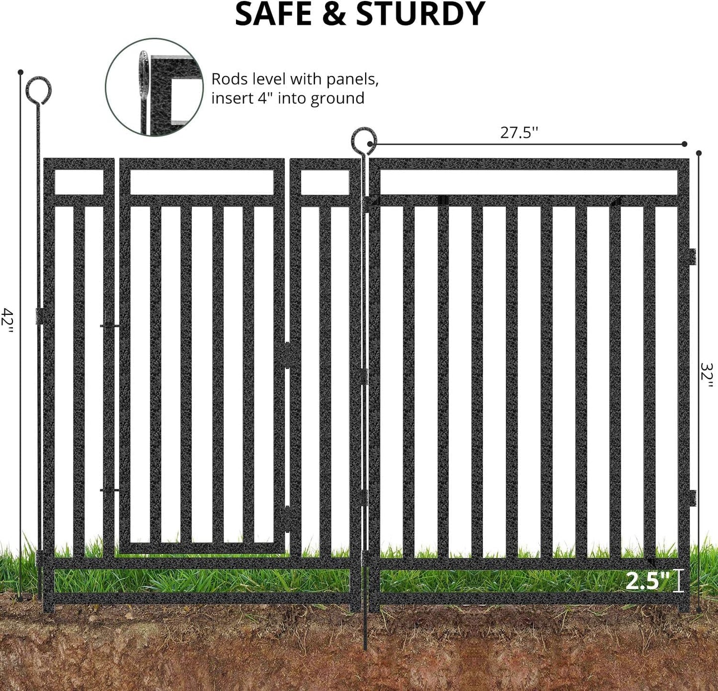 Decorative Garden Fence Metal Dog Fence Outdoor for Yard, 18ft (L) × 32in (H), 7 Panels + 1 Gate, Heavy Duty Animal Barrier Fencing for Patio & Flower Bed, No Dig, Black-Silver