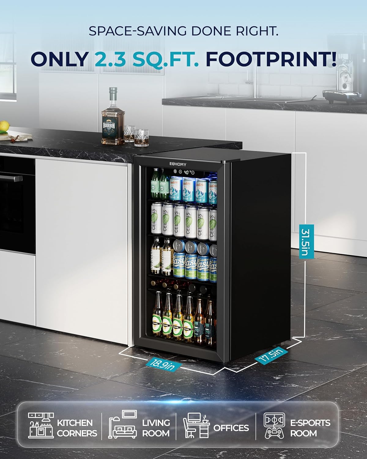 EUHOMY Beverage Refrigerator and Cooler, 128 Can Mini fridge with Glass Door, Small Refrigerator with Adjustable Shelves for Soda Beer or Wine, Home/Bar/Office, Black