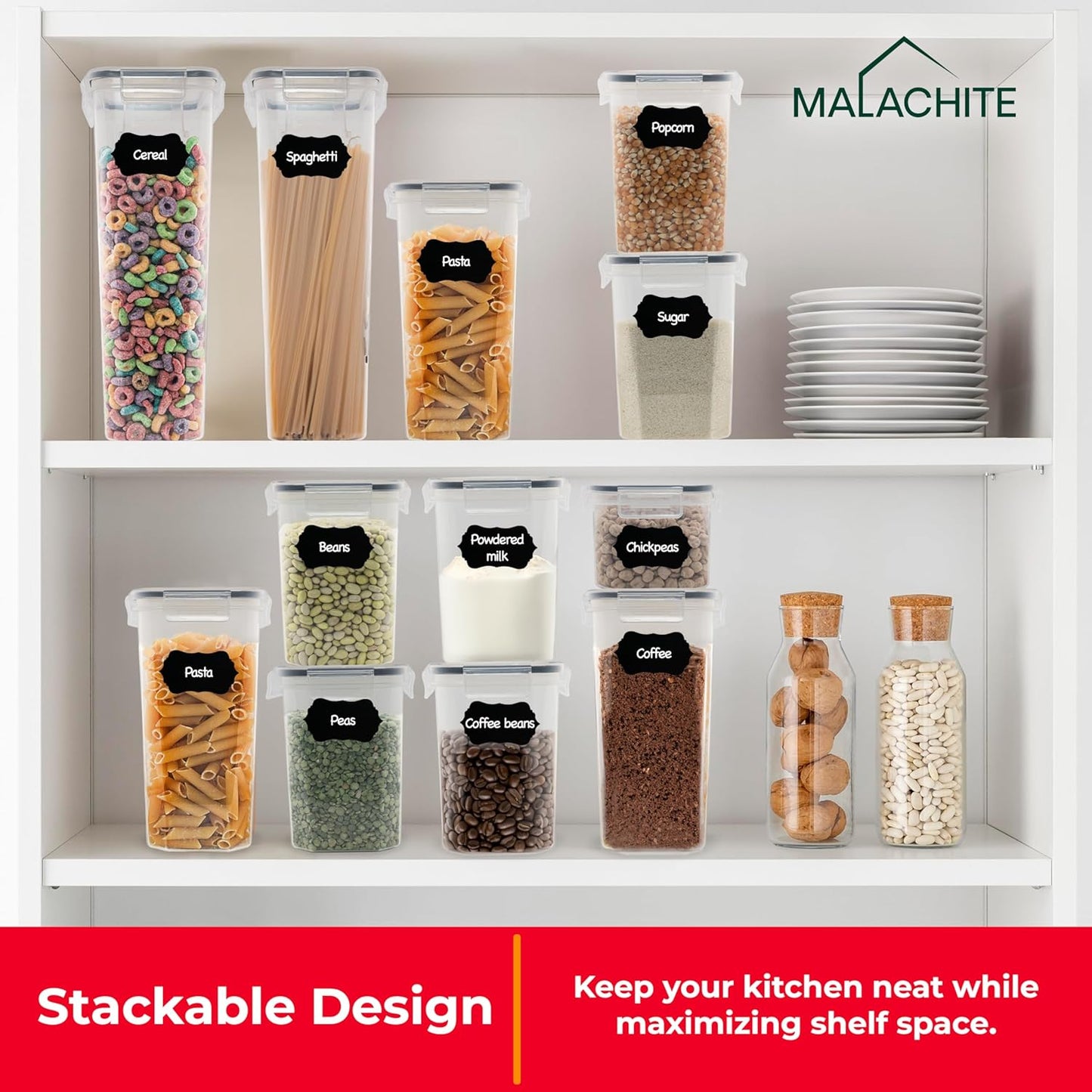 Airtight Food Storage Containers Set - 14 Piece Pantry Kitchen Organizers and Storage Set with Lids, Cabinet Organizing Canisters for Cereal, Flour, Sugar, Dry Foods - with Labels and Marker