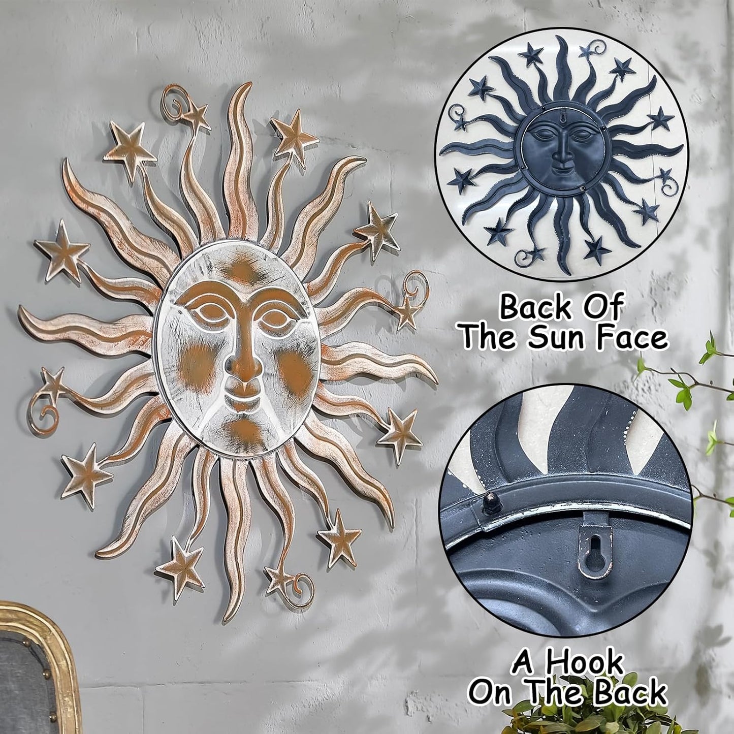 TICKCACY Metal Sun Wall Art Sculpture Decor, 23.8” Vintage Sun and Star Wall Hanging Decoration for Indoor Outdoor Living Room Farmhouse Yard Garden Patio