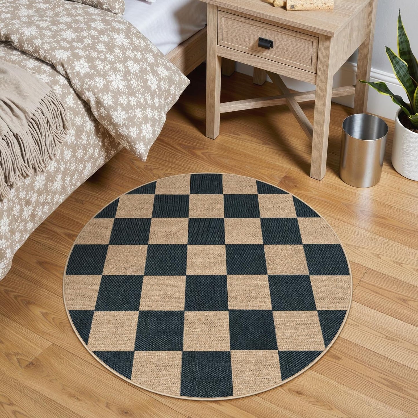 Lahome Checkered Easy Jute Rugs for Entryway, 3 ft Round Rug Small Indoor Outdoor Circle Carpet, Farmhouse Neutral Non Slip Non Shedding Black Carpet for Kitchen Front Porch Foyer