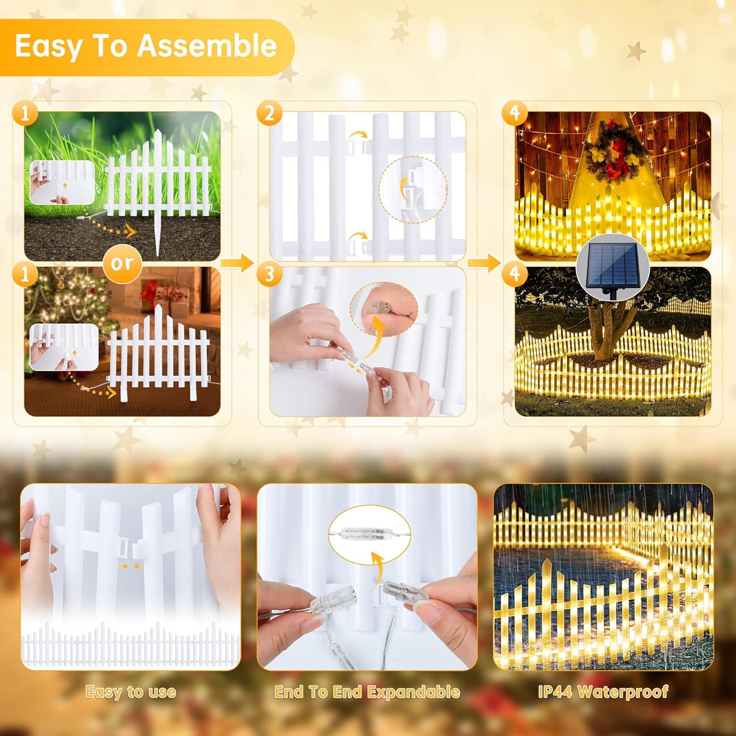 Hopolon 4 Pack Solar Garden Lights Outdoor, 11.1in (H) X 4.6ft (L) 144 Led White Picket Fence Border Solar Powered with Remote, Decorative Christmas Lights for Tree Yard Pet Barrier