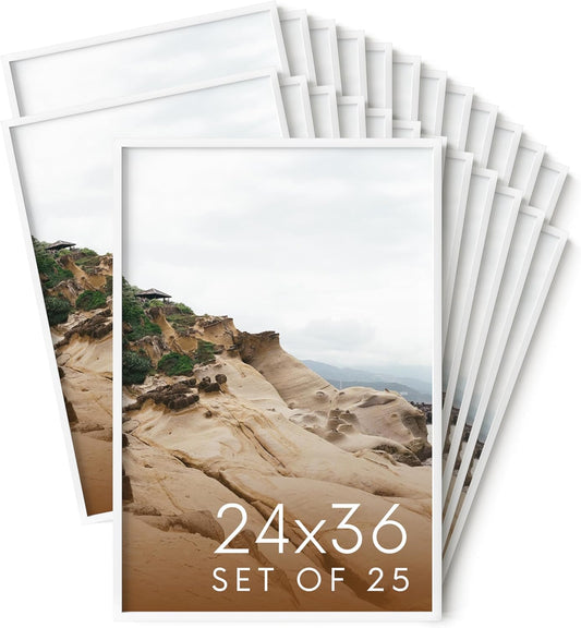 HAUS AND HUES 24x36 White Metal Picture Frames - Features Premium Aluminum, Vertical & Horizontal Hang, Shatterproof Plexiglass - Perfect for Home, Room, Office (24x36 in, White, Set of 25)