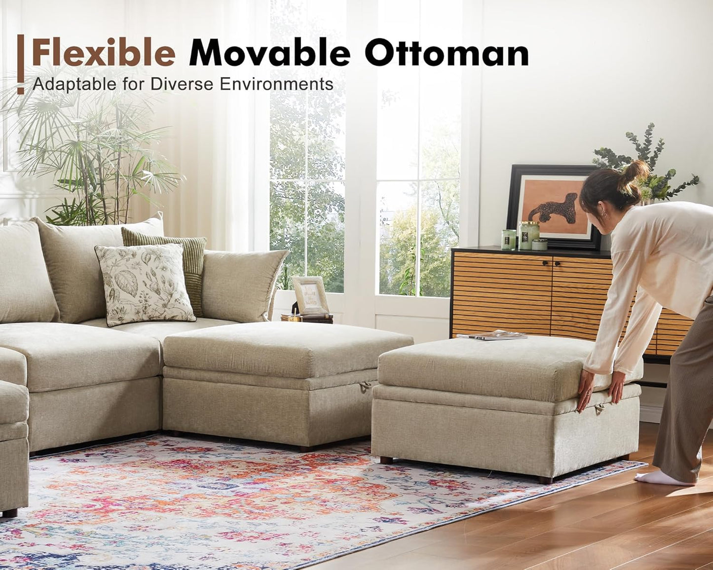 134.6" Oversized Modular Sectional Sofa, 6 Seater U Shaped Couch with Storage Ottoman with Reversible Chaise Deep Seat for Living Room, Apartment - Chenille Beige