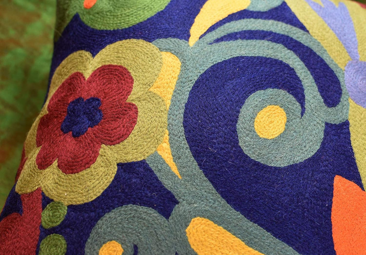 Blue Floral Pillow Cover | Navy Flower Throw Pillow | Outdoor Suzani Cushions | Hand Embroidered Chair Cushion | Wool Size - 18x18