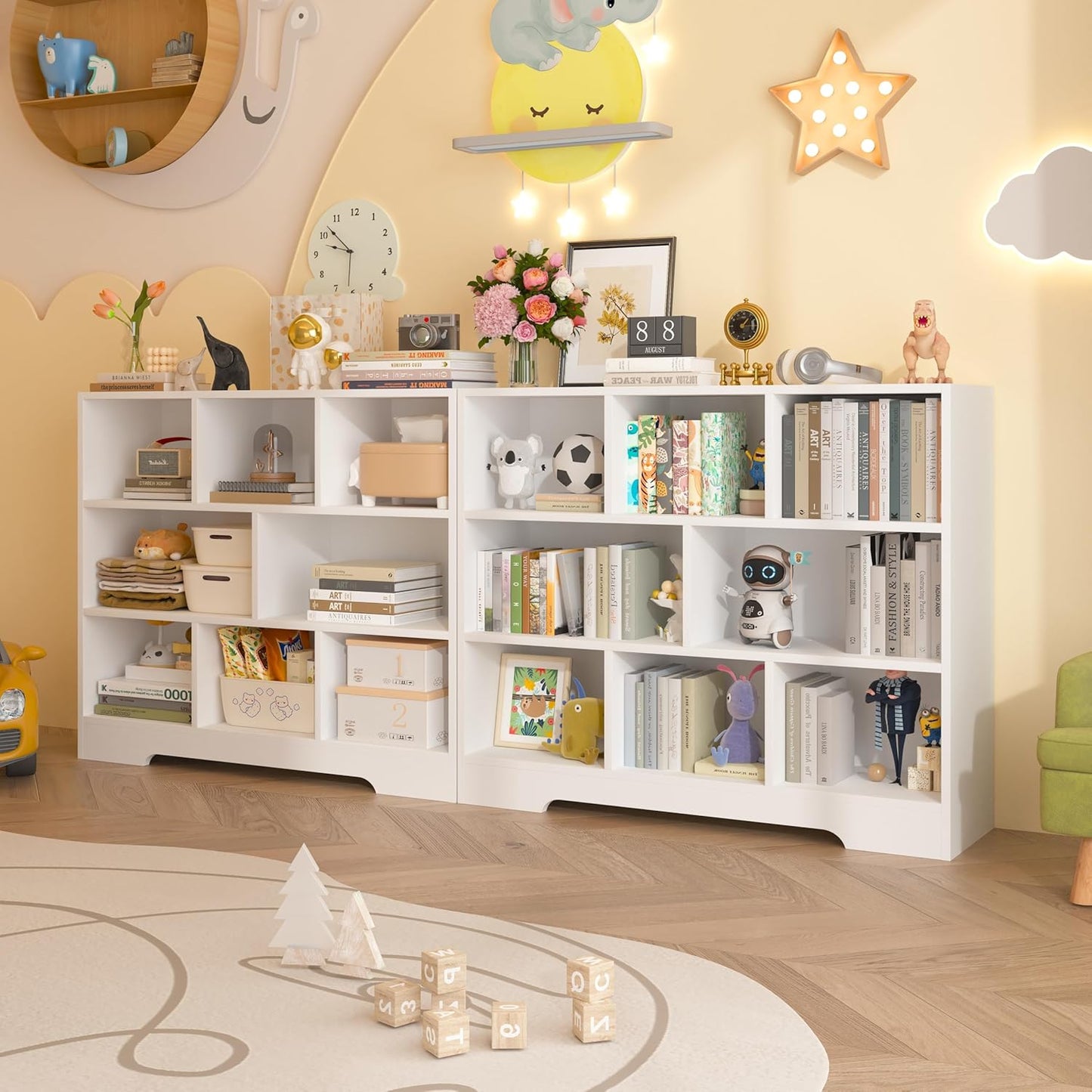 Book Shelf Set of 2, 8 Cubes Storage Organizer, 3-Tier Open Bookshelf Wooden Bookcase, Freestanding White Bookshelf Cube Shelf for Bedroom, Living Room