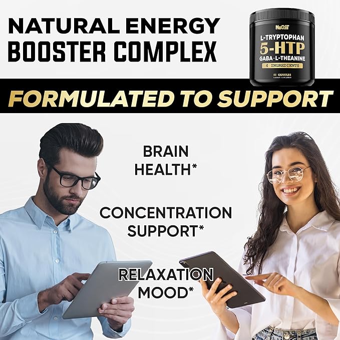 5 HTP 200mg GABA 500mg L-Theanine 200mg L-Tryptophan 100mg Supplement - Support Brain, Circulation Health, Concentration & Rest Well - 60 Capsules for 1 Month - 4in1 Premium Blend