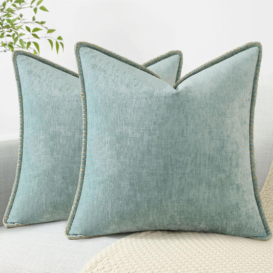decorUhome Chenille Soft Throw Pillow Covers 18x18 Set of 2, Farmhouse Velvet Neutral Decorative Euro Pillow Covers with Stitched Edge for Couch Sofa Bed Home Decor, Aqua Haze