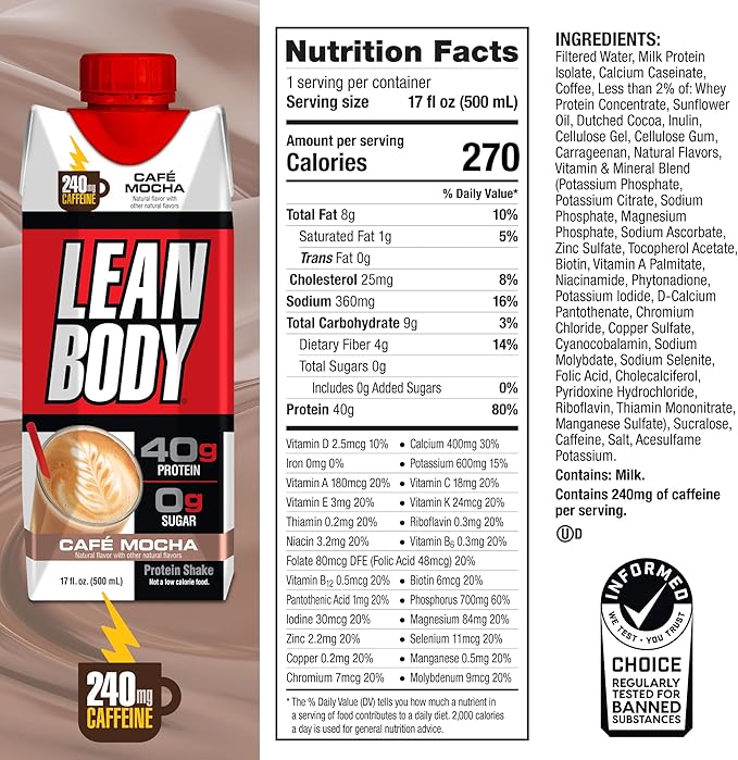 Lean Body Ready-to-Drink Café Mocha Protein 240mg Caffeine, 40g Protein, 0 Sugar, 22 Vitamins 12) LABRADA