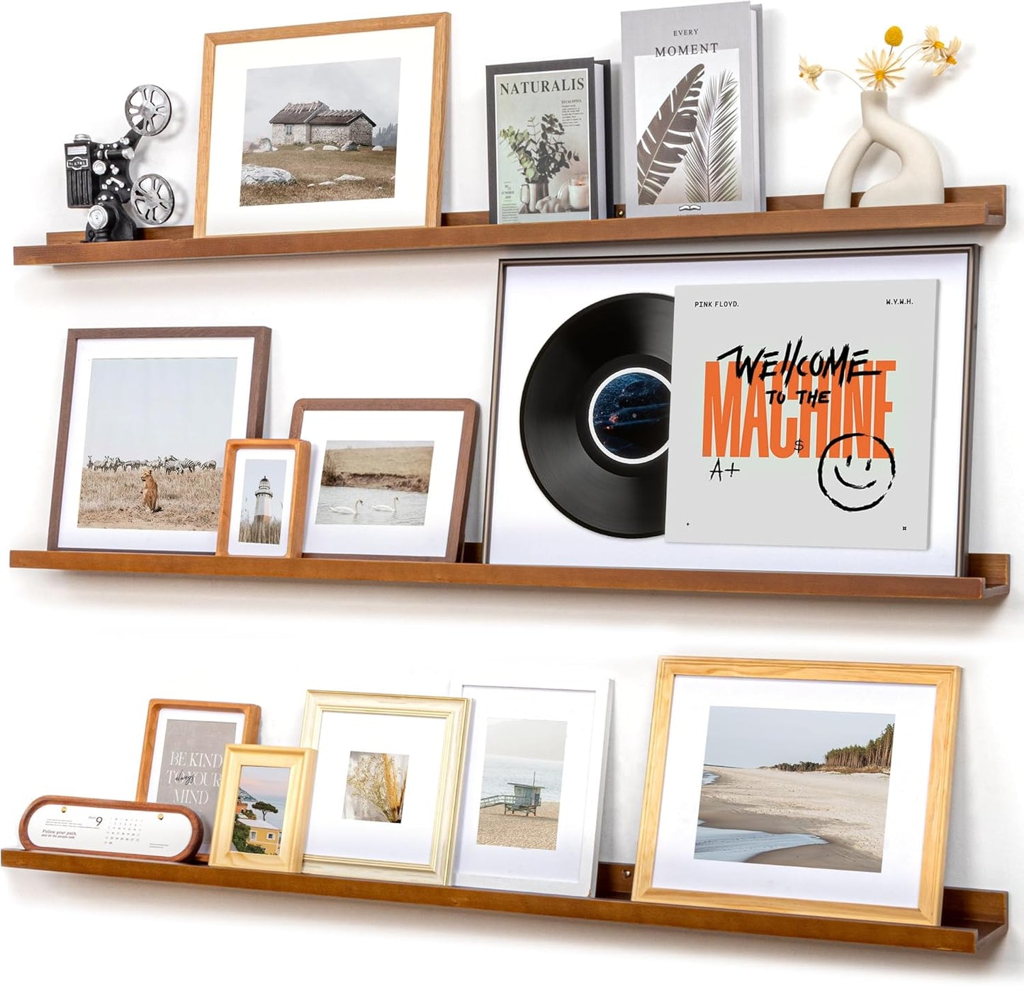 Picture Ledge Wall Shelves 56 inches Width Set of 3, Solid Pine Wood Rustic Floating Ledge Shelves for Wall for Kids' Room Bedroom Kitchen Bathroom Long Floating Shelves for Wall Decor, Walnut