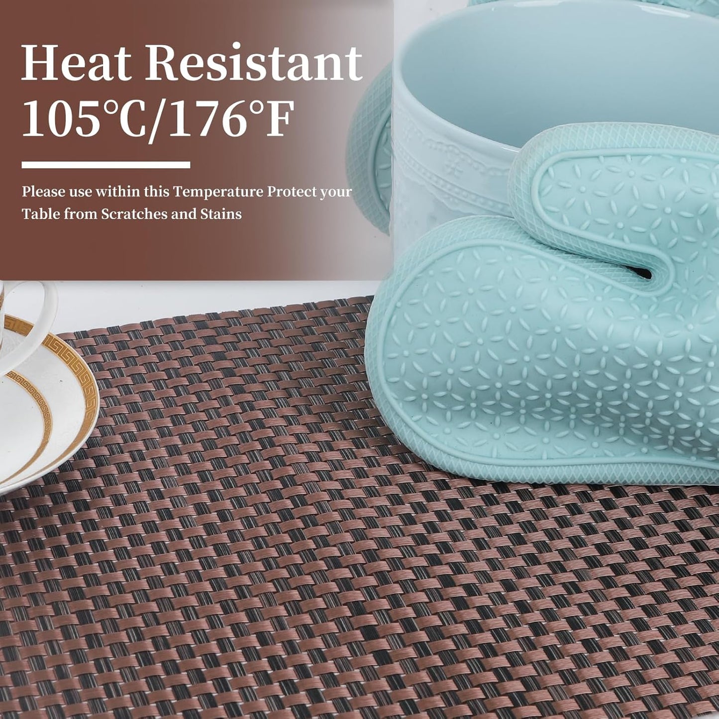 Vinyl Plastic Placemats Set of 6 Washable Heat Resistant Non-Slip Elegant Indoor Outdoor Kitchen Dining PVC Woven Table Place Mats (Black Red Weaving)