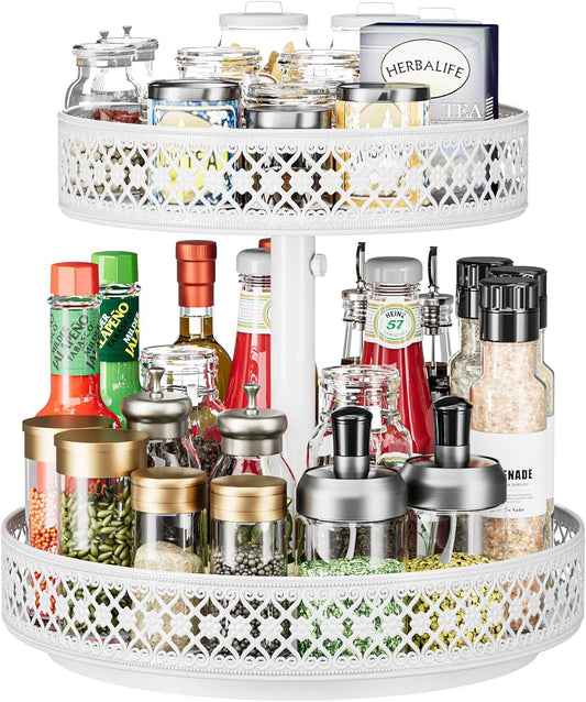 Lazy Susan Organizer 2 Tier - Turntable Spice Rack 12 inch Adjustable Metal Rotating Lazy Susan for Cabinet Pantry Kitchen Countertop Dining Table Cupboard Bathroom Vanity Storage White