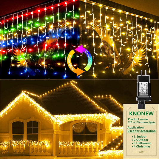 KNONEW Christmas Lights Outdoor Color Changing 400 LED 33ft 11 Modes Curtain Fairy String Light with 75 Drops, Clear Wire LED Lights for Wedding Party Holiday Christmas (Warm White to Multicolor)