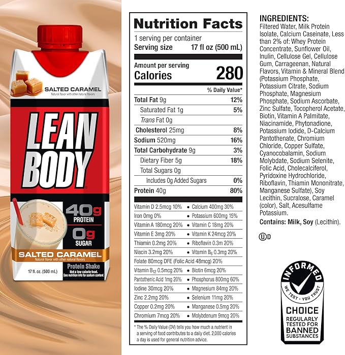 Lean Body Ready-to-Drink Salted Caramel Protein 40g Protein, 0 Sugar, 22 Vitamins 17 Fl 12)