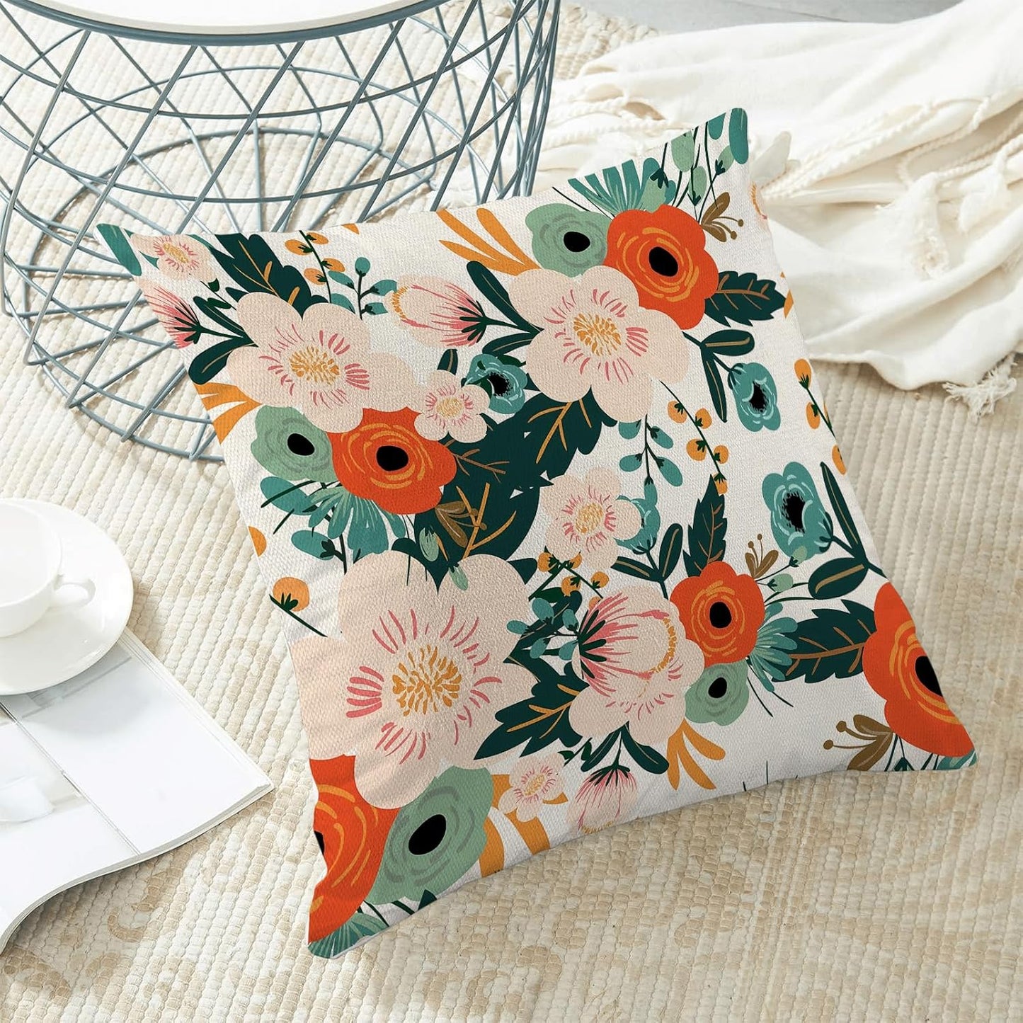 CXMEIFLY Spring Pillow Covers 18 x 18 Inch Set of 2 for Watercolor Flowers Decor Throw Pillows Pink Red Green Plant Floral Outdoor Decorative Cushion Cases for Couch Bed Decorations