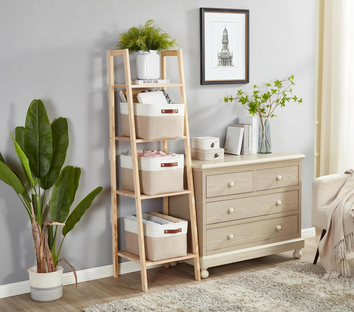 DECOMOMO Storage Bins Fabric Storage Baskets for Shelves, Linen Closet Organization Toys Nursery (Beige and White, Large - 3 Pack)