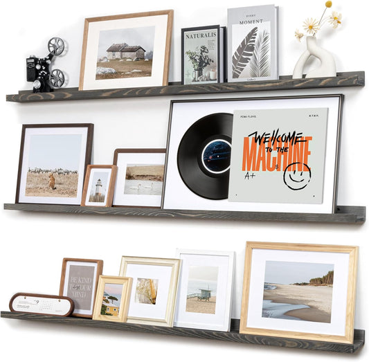 Picture Ledge Wall Shelves 56 Inches Width Set of 3, Solid Pine Wood Rustic Floating Ledge for Kids' Room Bedroom Kitchen Bathroom, Long Floating Shelves for Wall Decor, Grey