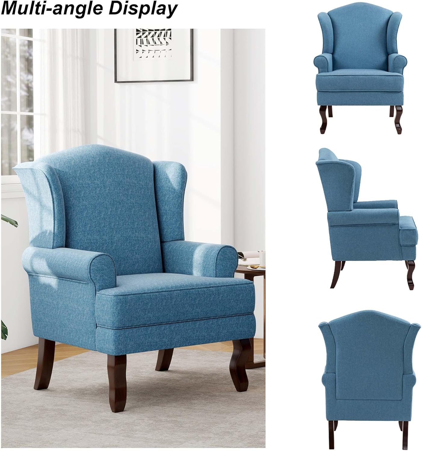 Accent Chair, High Back Upholstered Armchair with High Resilience Sponge & Wood Legs, Mid-Century Modern Comfy Single Sofa Reading Chairs for Living Room, Bedroom (Blue, Set of 2)