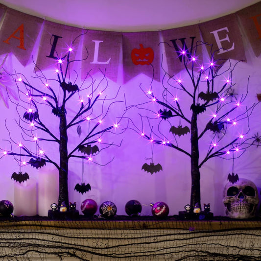 EAMBRITE Halloween Tree, Black Halloween Decorations Indoor, 2FT Spooky Tabletop Trees Battery Operated with 24LED Purple Lights 8 Bat Ornaments, Centerpieces for Tables, Home, Room(2 Pack)
