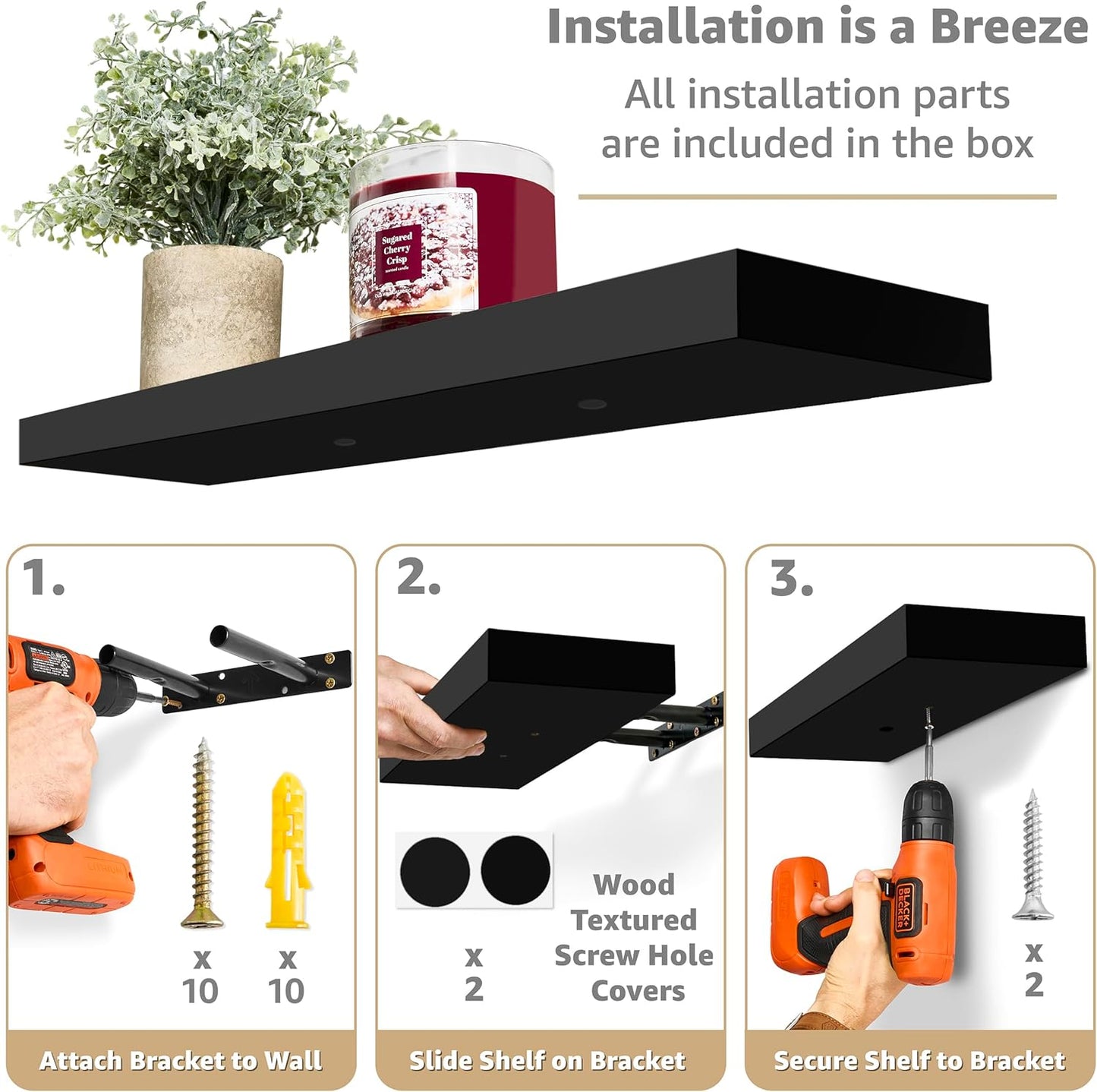 Sorbus Floating Shelves for Wall - 24" Bathroom Shelves, Wall Decor for Bedroom, Kitchen, Living Room, Home Decor & Book Storage - Mounted Floating Shelf with Invisible Brackets (Black, 3 Pack)