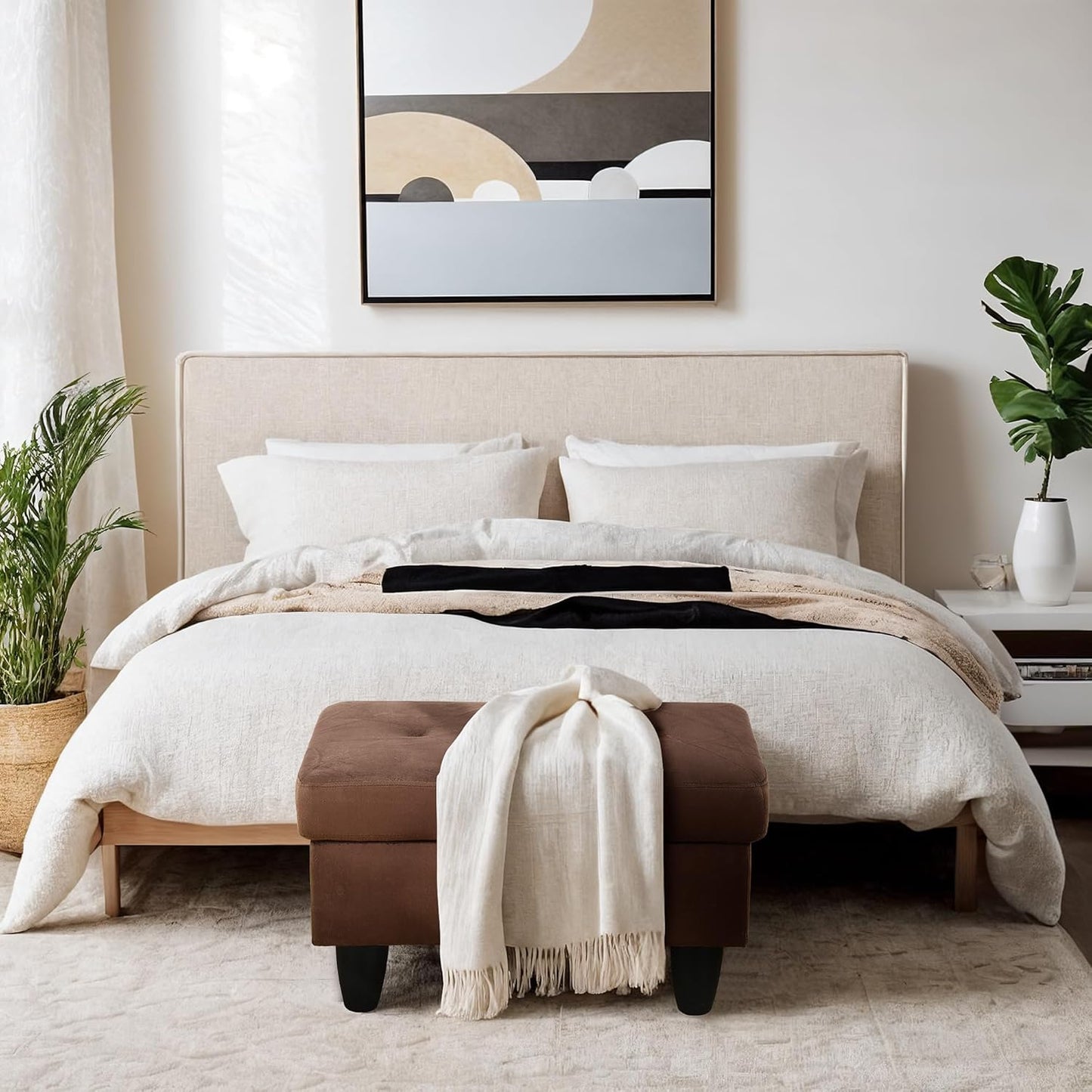 Ottoman Rectangular Storage Ottoman Bench, Flannel Footrest Stool Footstool with Lid for Living Room, Bedroom, Entryway, Chocolate, 28.5"x19"x17.5"