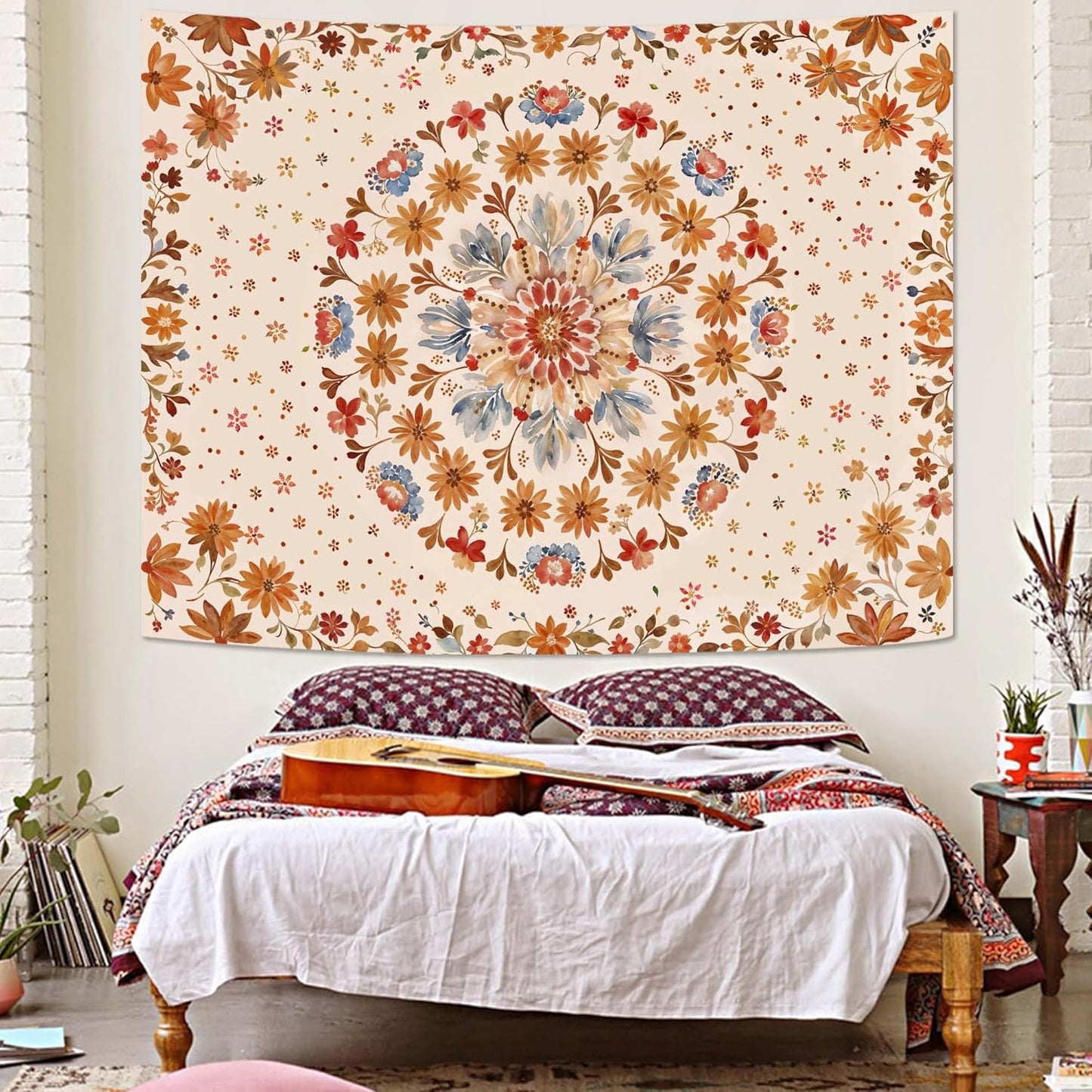 Fowocu Boho Floral Mandala Tapestry Wall Hanging Watercolor Bohemian Flower Medallion Tapestry Aesthetic Beige Orange Hippie Indian Small Tapestries for Bedroom Living Room Dorm Decor 48 x 36 Inch