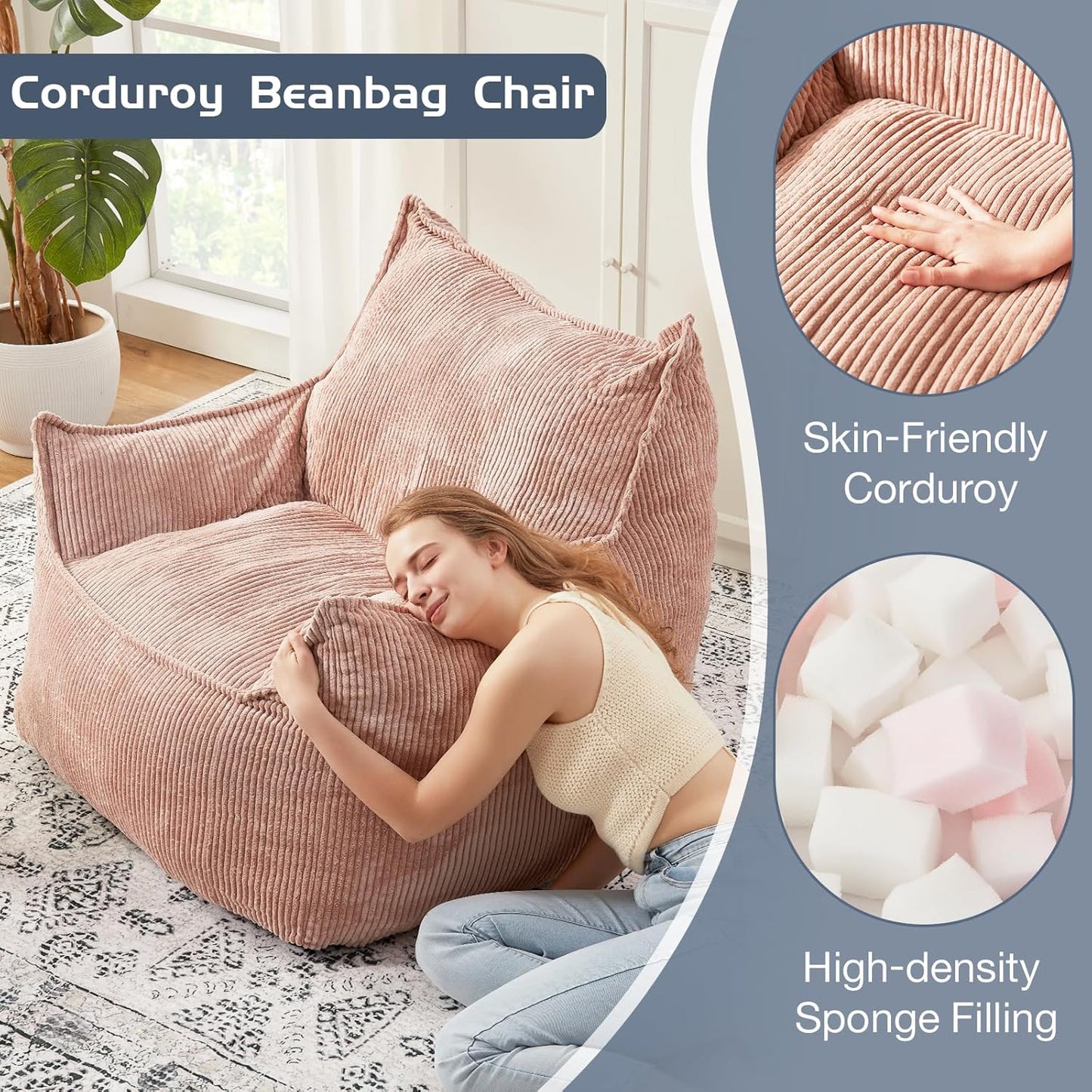 Giant Bean Bag Chair Sofa for Adults Teens, Comfy Corduroy Large Bean Bag Chairs with Armrests for Bedroom Living Room, Adult BeanBag Lazy Sofa Couch Chairs with Filler Included
