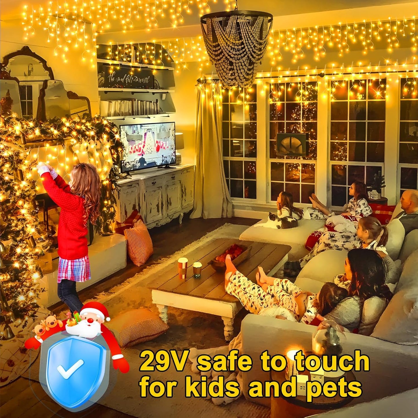 KNONEW Christmas Lights Outdoor Color Changing 400 LED 33ft 11 Modes Curtain Fairy String Light with 75 Drops, Clear Wire LED Lights for Wedding Party Holiday Christmas (Warm White to Multicolor)