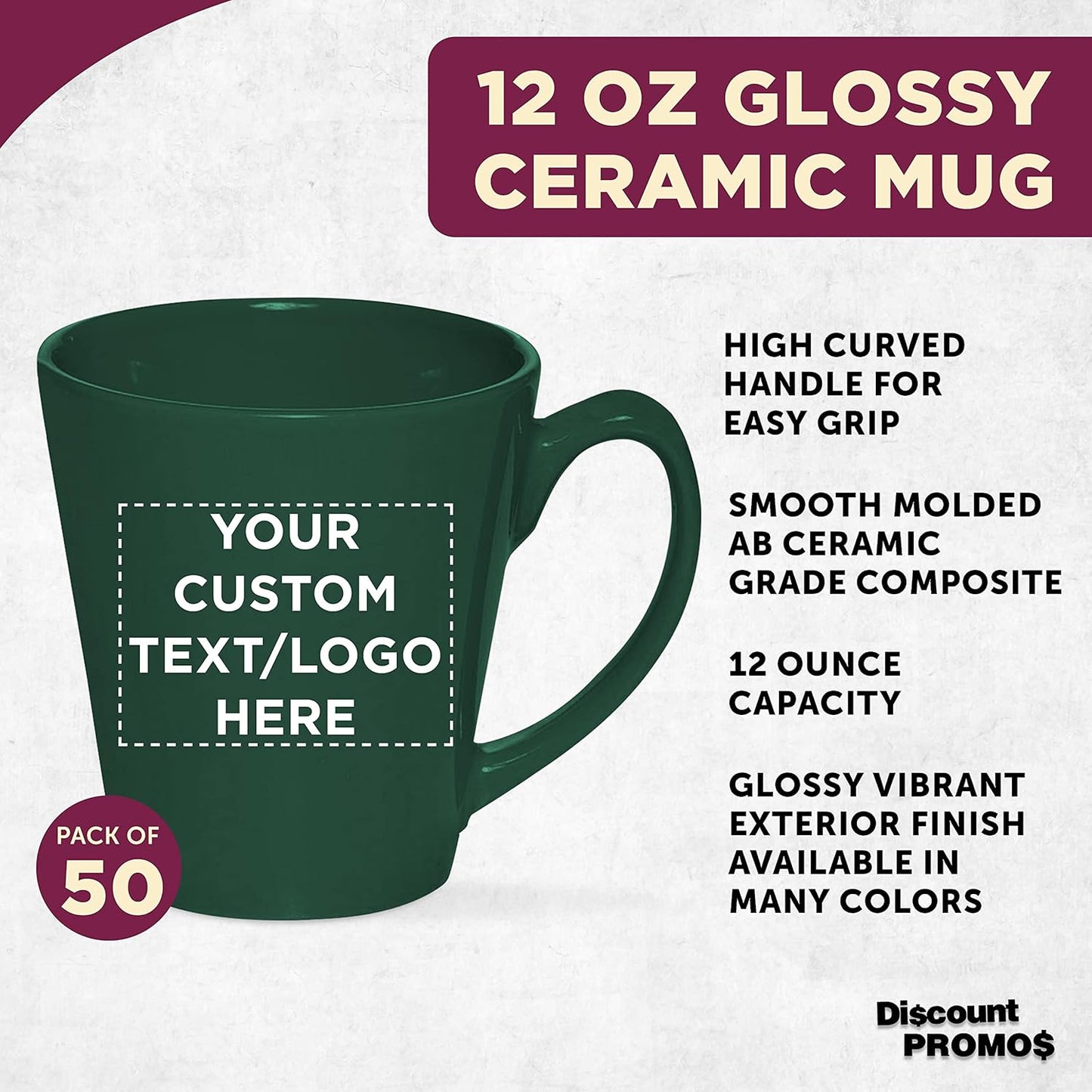 DISCOUNT PROMOS Custom Glossy Ceramic Latte Coffee Mug 12 oz. Set of 50, Personalized Bulk Pack - Perfect for Tea, Espresso, Cappuccino, Hot Cocoa - Green