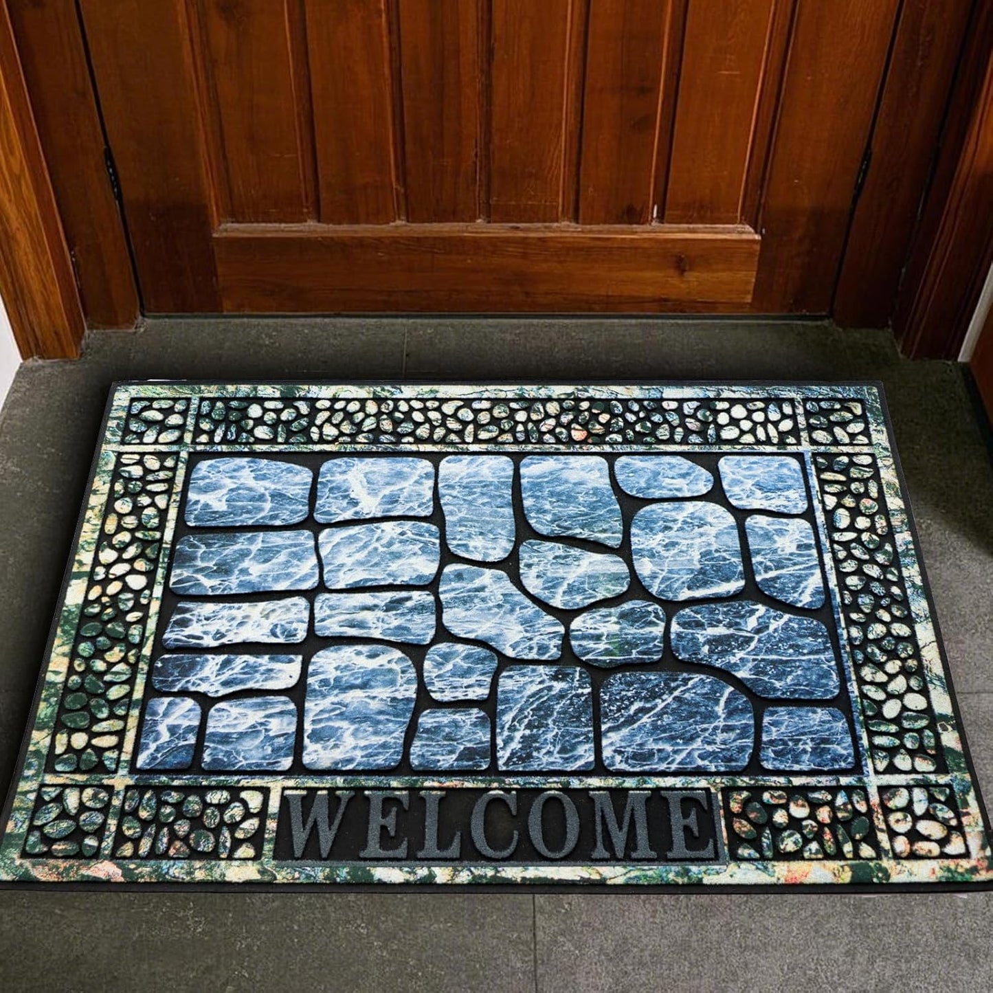 Door Mat Welcome Mat, Heavy Duty Door Mat 17.7 x 29.5 Inch Front Door Mat Rug Doormat for Outdoor Entrance Home Non-Slip Rubber Rug for Front Door, Outside, Entryway, Patio (Blue Welcome)