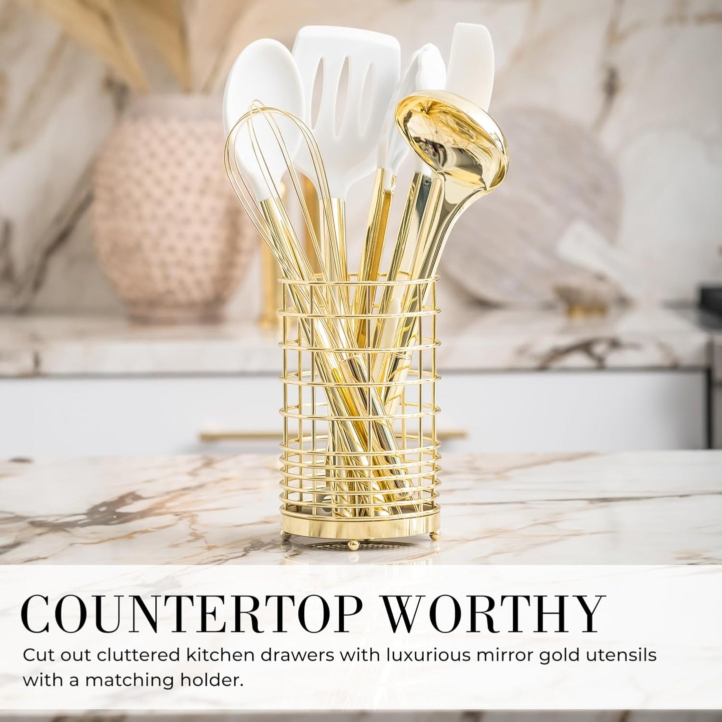 White Silicone and Gold Cooking Utensils Set with Gold Utensil Holder - 7-Piece Silicone Cooking Tools - Ideal for Nonstick Cookware and Stylish Modern Kitchens - Luxury Kitchen Accessories