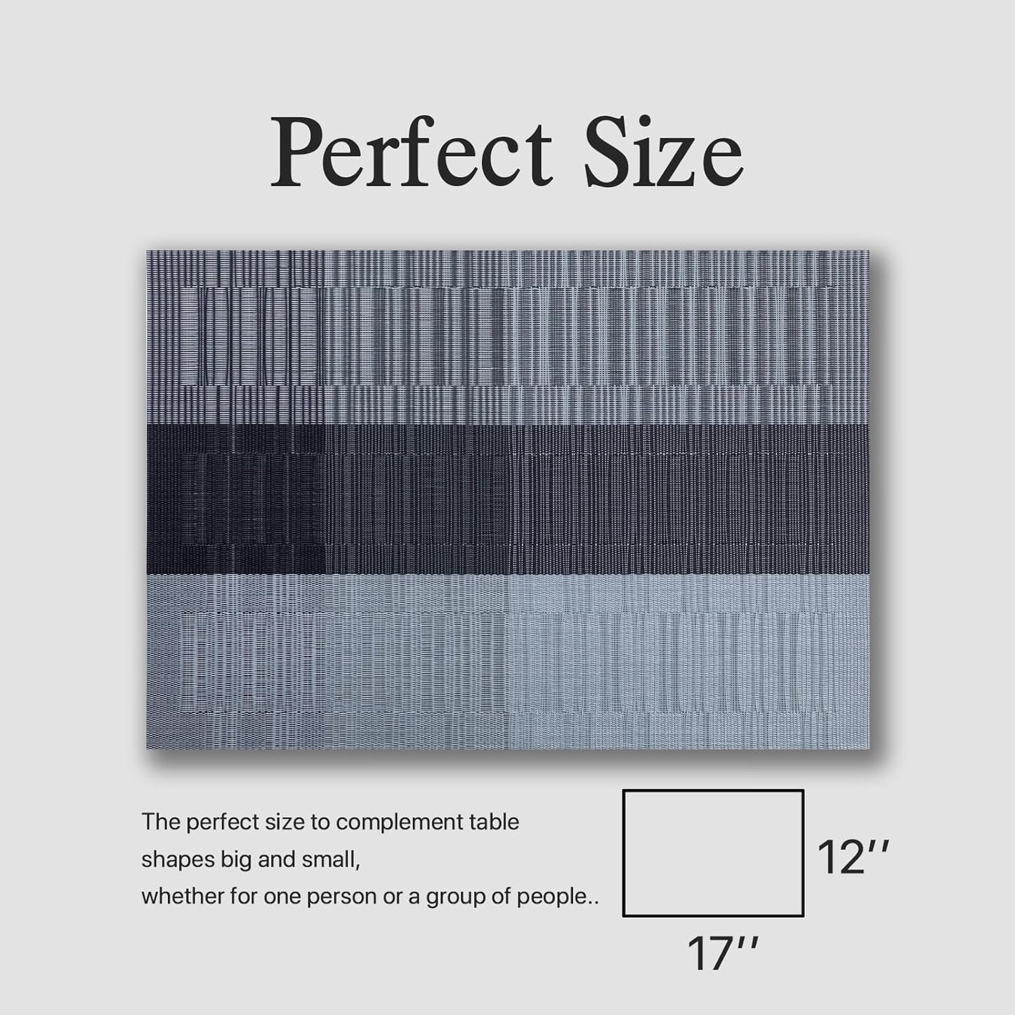 Placemats Set of 12 - Easy Clean Woven Vinyl Placemats for Dining Table, Indoor/Outdoor Place Mats, Washable PVC Table Mats （Silver Gray Black）