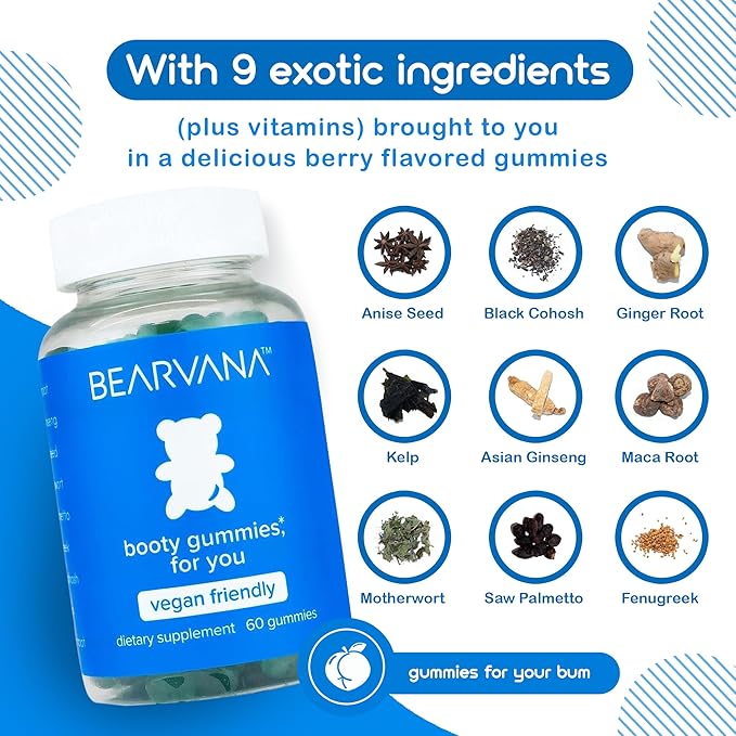 BEARVANA Bum Support Gummies for Women | Workout Enhancement | Berry Flavored | Multivitamins | Natural Botanical Blend | Tone Curves | Boost Confidence | Women’s Fitness Supplement (60 Count)