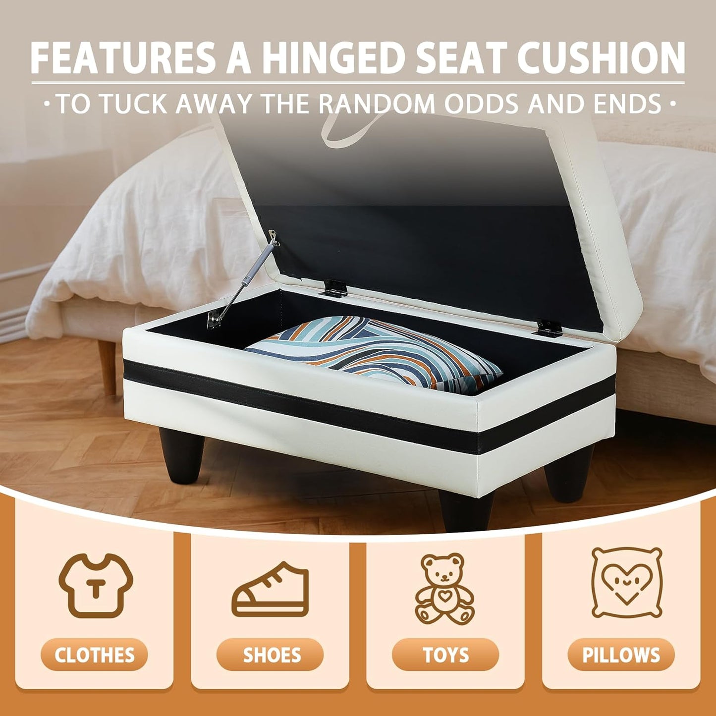 Ottoman Rectangular Storage Ottoman Bench, Faux Leather Footrest, Coffee Table, Stool Footstool with Hinged Lid for Living Room, Bedroom, Entryway, White with Black Strip, 35"x23.5"x17.5"