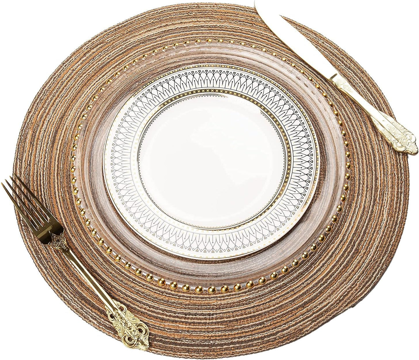 AHHFSMEI Round Braided Placemats Set of 6 Round Table Mats for Dining Tables Natural Woven Heat Resistant Place mats 15 Inch (Brown)