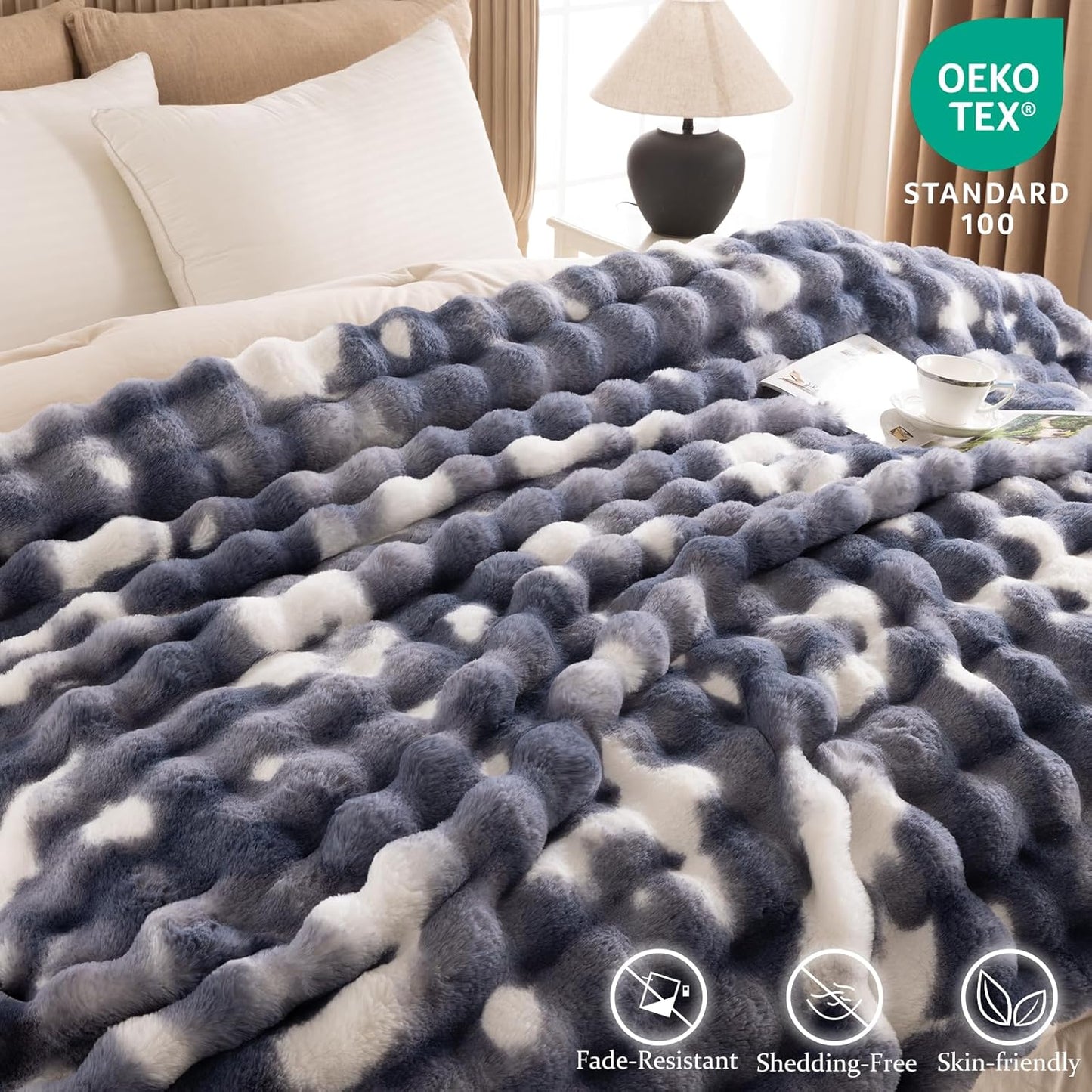 Cozy Faux Fur Throw Blanket for Bed Warm Fuzzy Throw Blanket, Soft Plush Thick Bubble Blankets for Bedroom and Living Room, Furry Luxury Blanket, 90 x 90,Tie-Dye Blue