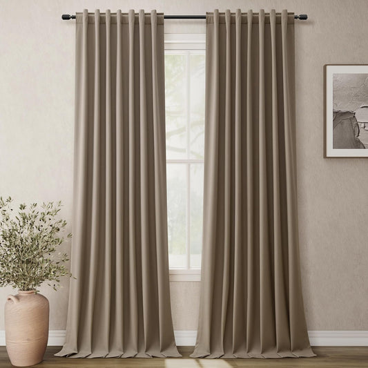 BOODII 100 Inch Blackout Curtains 2 Panels Set Back Tab Thermal Insulated Dark Brown Linen Textured Black Out Curtains Noise Reducing Neutral Living Room Darkening Window Drapes Pleated Look 52x100